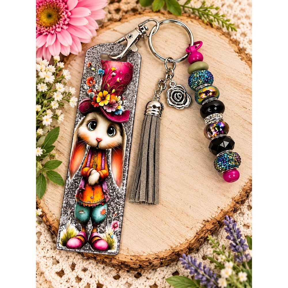 Whimsical Bunny Floral Top Hat Keychain Glitter Tassel Beaded Bag Charm 16